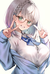 Rule 34 | 1girl, bespectacled, blue bow, blue bowtie, blue jacket, blush, bow, bowtie, braid, breasts, collared shirt, commentary request, double v, glasses, green eyes, grey hair, grin, hair ornament, hololive, jacket, kubota masaki, large breasts, long sleeves, looking at viewer, open clothes, open jacket, shirogane noel, shirt, short hair, simple background, smile, solo, striped, striped bow, teeth, v, virtual youtuber, white background, white shirt, x hair ornament, zipper, zipper pull tab