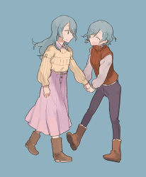 Rule 34 | 2girls, bang dream!, black pants, blue background, blue eyes, blue hair, boots, braid, brown footwear, brown sweater, closed eyes, commentary, full body, glider (artist), hikawa hina, hikawa sayo, holding hands, long hair, long skirt, long sleeves, looking at another, multiple girls, pants, pink skirt, ribbed sweater, shirt, short hair, siblings, sidelocks, simple background, sisters, skirt, smile, sweater, twin braids, twins, undershirt, white shirt, yellow sweater
