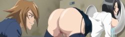 Rule 34 | 1boy, 1girl, ass, bakunyuu bomb, bathroom, bent over, black hair, black thighhighs, blush, breast rest, breasts, breasts out, censored, garter straps, highres, huge ass, huge breasts, lipstick, makeup, pussy, short hair, thighhighs, toilet, urinal, wakatsuki risa
