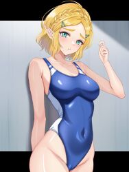 Rule 34 | 1girl, alternate costume, blonde hair, blue eyes, blue one-piece swimsuit, braid, breasts, cameltoe, commentary request, competition swimsuit, covered navel, crown braid, hair ornament, hairclip, hand up, highleg, highleg swimsuit, highres, looking at viewer, medium breasts, nintendo, one-piece swimsuit, parted bangs, parted lips, pointy ears, princess zelda, short hair, solo, swimsuit, the legend of zelda, the legend of zelda: tears of the kingdom, tsukiyuki mike, white one-piece swimsuit
