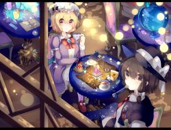 Rule 34 | 2girls, bad id, bad pixiv id, blonde hair, book, book stack, bow, brown eyes, brown hair, cake, candle, capelet, compass, crescent, dress, food, fruit, globe, hair bow, hat, highres, jewelry, kaenuco, looking at viewer, maribel hearn, multiple girls, necktie, purple eyes, rabbit, ribbon, short hair, skirt, smile, star (symbol), strawberry, tea, thighhighs, touhou, usami renko, utensil in mouth