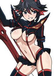 Rule 34 | 1girl, bad id, bad pixiv id, black hair, blue eyes, breasts, contrapposto, cowboy shot, derivative work, grin, hair between eyes, kill la kill, living clothes, looking at viewer, matoi ryuuko, medium breasts, microskirt, multicolored hair, navel, partially colored, red hair, revealing clothes, scissor blade (kill la kill), short hair, simple background, sketch, skirt, smile, solo, streaked hair, suspenders, sword, two-tone hair, underboob, user veme5747, weapon, white background