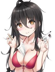 Rule 34 | 1girl, ahoge, bare arms, bare shoulders, between breasts, bikini, black hair, breasts, brown eyes, cleavage, collarbone, front-tie bikini top, front-tie top, hair between eyes, hands up, highres, holding, large breasts, long hair, looking at viewer, original, red bikini, revision, simple background, smile, solo, swimsuit, wet.elephant, white background