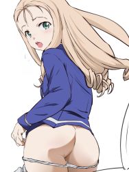 Rule 34 | 1girl, ass, bc freedom school uniform, blonde hair, blush, girls und panzer, green eyes, highres, long hair, looking at viewer, looking back, marie (girls und panzer), open mouth, panties, panty pull, school uniform, simple background, solo, stained panties, underwear, white background, white panties