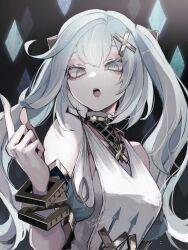 Rule 34 | 1girl, bare shoulders, commentary request, diamond (shape), dress, eyes visible through hair, faruzan (genshin impact), genshin impact, green eyes, grey hair, hair ornament, hand up, highres, index finger raised, instagram username, jewelry, long hair, open mouth, shino (shino-xx), solo, teeth, twintails, twitter username, upper body, upper teeth only, white dress, x hair ornament