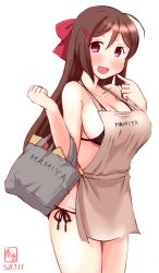 Rule 34 | 1girl, ahoge, apron, artist logo, bag, bikini, black bikini, breasts, brown apron, brown hair, commentary request, cowboy shot, dated, finger to mouth, hair ornament, hair ribbon, hairclip, highres, kanon (kurogane knights), kantai collection, large breasts, long hair, looking at viewer, mamiya (kancolle), ponytail, red eyes, ribbon, shopping bag, side-tie bikini bottom, simple background, solo, swimsuit, white background