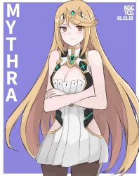 Rule 34 | 1girl, backless dress, backless outfit, bare shoulders, black pantyhose, blonde hair, blue background, blush, breasts, cleavage, commentary, crossed arms, dress, gem, gloves, hair ornament, headpiece, highres, kgctcg, large breasts, long hair, mythra (massive melee) (xenoblade), mythra (xenoblade), nintendo, pantyhose, simple background, solo, spirit (super smash bros.), super smash bros., swept bangs, tiara, tsundere, unworn gloves, very long hair, white background, white dress, xenoblade chronicles (series), xenoblade chronicles 2, yellow eyes