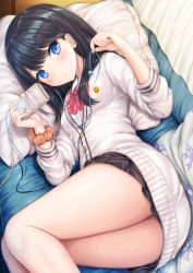 Rule 34 | 10s, 1girl, ass, black hair, black skirt, blue eyes, bow, breasts, cardigan, commentary request, earbuds, earphones, feet out of frame, fingernails, gridman universe, hand up, highres, holding, long hair, long sleeves, lying, on side, orange scrunchie, parted lips, pillow, pleated skirt, red bow, scrunchie, shirt, skirt, small breasts, snowflake print, solo, ssss.gridman, taiki ken, takarada rikka, white cardigan, white shirt, wrist scrunchie