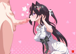 Rule 34 | 1boy, 1girl, adjusting hair, artist logo, artist name, azki (4th costume) (hololive), azki (hololive), black bow, black hair, black ribbon, bow, braid, breasts, collared dress, colored inner hair, commentary, dr-alu, dress, english commentary, erection, eyelashes, fellatio, french braid, from side, hair between eyes, hair ornament, hair ribbon, hand up, hetero, hololive, kissing penis, kneeling, leaning forward, long hair, looking at viewer, medium breasts, multicolored hair, oral, out of frame, penis, pink background, pink hair, ponytail, purple eyes, ribbon, short sleeves, sidelocks, two-tone hair, uncensored, underbust, virtual youtuber, watermark, web address, white dress, white ribbon