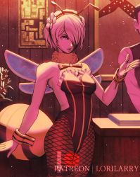 Rule 34 | 1boy, 1girl, 2b (nier:automata), bare shoulders, bee costume, black hairband, black leotard, bow, bowtie, breasts, cowboy shot, detached collar, fake antennae, fake wings, final fantasy, final fantasy vii, final fantasy vii remake, fishnet pantyhose, fishnets, flower, frilled leotard, frills, grey hair, hair flower, hair ornament, hair over one eye, hairband, hand up, honey bee inn, indoors, insect wings, leotard, looking at viewer, lorilarry, medium breasts, nier:automata, nier (series), nontraditional playboy bunny, out of frame, pantyhose, parted lips, patreon username, short hair, solo focus, square enix, standing, strapless, strapless leotard, wings, wrist cuffs, yellow bow, yellow bowtie