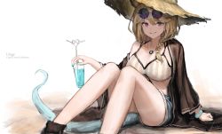 Rule 34 | 1girl, arknights, bare shoulders, blue shorts, breasts, character name, commentary, crazy straw, cup, drink, drinking glass, drinking straw, eyewear on head, feet out of frame, hat, heart straw, highres, holding, holding cup, knees up, large breasts, nashidrop, off shoulder, official alternate costume, purple eyes, short hair, short shorts, shorts, silver hair, simple background, sitting, solo, sun hat, sunglasses, swimsuit cover-up, tail, thighs, utage (arknights), utage (summer flowers) (arknights), white background