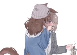 Rule 34 | 2girls, animal ears, beanie, blue jacket, brown hair, can, canned coffee, charan (4963 nkym), drink can, dropping, female trainer (umamusume), grey hair, grey hat, hands on another&#039;s cheeks, hands on another&#039;s face, hat, highres, hood, hood down, hooded jacket, horse ears, horse girl, horse tail, implied kiss, jacket, long hair, long sleeves, multiple girls, nakayama festa (umamusume), shirt, short hair, tail, trainer (umamusume), umamusume, upper body, white background, white shirt, yuri