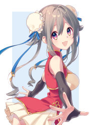 Rule 34 | 1girl, :d, bare shoulders, black gloves, blue background, breasts, bun cover, china dress, chinese clothes, commentary request, cropped jacket, double bun, dress, fang, fingerless gloves, from side, gloves, grey hair, hair between eyes, hair bun, highres, jacket, kusumoto shizuru, long hair, looking at viewer, looking to the side, medium breasts, open mouth, original, outstretched arms, pleated skirt, purple eyes, red dress, red jacket, skirt, sleeveless, sleeveless jacket, smile, solo, twintails, two-tone background, very long hair, white background, white skirt