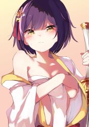 Rule 34 | &gt;:(, 1girl, blush, breasts, character request, closed mouth, collarbone, covering privates, covering breasts, gradient background, hair ornament, highres, holding, holding sword, holding weapon, japanese clothes, kimono, long sleeves, medium breasts, off shoulder, open clothes, open kimono, orange background, purple hair, puzzle &amp; dragons, sarashi, short hair, solo, suwakana, sword, tassel, upper body, v-shaped eyebrows, weapon, white kimono, wide sleeves, yellow eyes