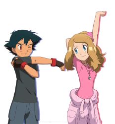 Rule 34 | 1boy, 1girl, arm behind head, arm up, ash ketchum, black shirt, blue eyes, brown eyes, brown gloves, closed mouth, clothes around waist, commentary, creatures (company), english commentary, eye contact, eyelashes, fingerless gloves, game freak, gloves, light brown hair, looking at another, nintendo, noelia ponce, one eye closed, pants, pink shirt, pokemon, pokemon (anime), pokemon xy (anime), serena (pokemon), shirt, short hair, short sleeves, smile, stretching, t-shirt, whistle, whistle around neck