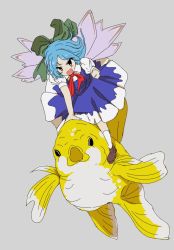 Rule 34 | bad id, bad twitter id, blue dress, blue eyes, blue hair, bow, cirno, dress, fins, fish, green bow, hair bow, ice, ice wings, open mouth, oshouyu tabetai, puffy short sleeves, puffy sleeves, red ribbon, ribbon, riding, shoes, short hair, short sleeves, simple background, solo, touhou, white legwear, wings