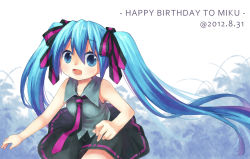 Rule 34 | 1girl, bad id, bad pixiv id, bare arms, blue eyes, blue hair, bow, hair bow, happy birthday, hatsune miku, highres, long hair, looking at viewer, matching hair/eyes, necktie, open mouth, shirt, skirt, sleeveless, sleeveless shirt, smile, solo, twintails, vocaloid, yui (daijun)