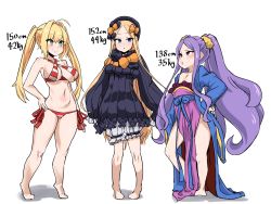 Rule 34 | 3girls, abigail williams (fate), ahoge, asanagi (style), barefoot, bikini, blonde hair, blue eyes, blush, bow, breasts, cleavage, dress, fate/grand order, fate (series), green eyes, hair bow, hand on own hip, hat, height difference, highres, kishin tatu, long hair, multiple girls, navel, nero claudius (fate), nero claudius (fate) (all), nero claudius (swimsuit caster) (fate), open mouth, parted bangs, purple eyes, purple hair, simple background, sleeves past wrists, swimsuit, tiptoes, twintails, very long hair, white background, wu zetian (fate), wu zetian (first ascension) (fate)