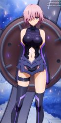 Rule 34 | 1girl, armor, armored leotard, black gloves, black leotard, black thighhighs, breasts, closed mouth, clothing cutout, deviantart logo, deviantart username, elbow gloves, facebook logo, facebook username, fate/grand order, fate (series), faulds, gloves, hair over one eye, highres, large breasts, leotard, looking at viewer, mash kyrielight, midriff, navel, pink hair, pixiv id, pixiv logo, purple eyes, shield, short hair, shugo19, signature, solo, standing, stomach, stomach cutout, thigh strap, thighhighs, twitter logo, twitter username, two-tone gloves, watermark, web address