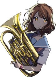 Rule 34 | 1girl, blue sailor collar, brown eyes, brown hair, closed mouth, euphonium, hibike! euphonium, highres, holding, holding instrument, instrument, kitauji high school uniform, looking at viewer, neckerchief, oumae kumiko, pink neckerchief, ritsu (roboroboro), sailor collar, school uniform, serafuku, shirt, short hair, short sleeves, simple background, solo, watch, white background, white shirt