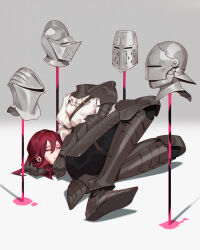 Rule 34 | 1girl, armor, armored boots, asymmetrical armor, boots, closed eyes, disembodied head, dullahan, gauntlets, grey background, helmet, highres, jiro (ninetysix), long hair, original, red hair, shoulder armor, sitting, solo