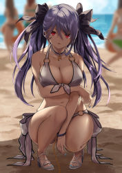 Rule 34 | 1girl, bare shoulders, bikini, blue hair, breasts, cleavage, collarbone, highres, innertube, large breasts, long hair, looking at viewer, o-ring, o-ring bikini, original, red eyes, solo, squatting, swim ring, swimsuit, twintails, tyone