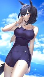 Rule 34 | 1girl, animal ears, black hair, blue one-piece swimsuit, blue sky, blurry, blurry background, breasts, cloud, collarbone, day, eishin flash (umamusume), hair between eyes, highres, horse ears, horse girl, horse tail, iwashi 111, large breasts, looking to the side, ocean, one-piece swimsuit, outdoors, resolution mismatch, short hair, sky, solo, source larger, swimsuit, tail, tracen swimsuit, umamusume, wet, wet hair