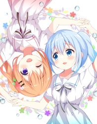 2girls ;d absurdres blue_eyes blue_hair bow bowtie brown_hair dress flower gochuumon_wa_usagi_desu_ka? hair_flower hair_ornament hairclip highres holding_hands hoto_cocoa kafuu_chino looking_at_another looking_at_viewer multiple_girls one_eye_closed open_mouth pink_flower ponytail purple_eyes sailor_collar sailor_dress sakaki333 short_hair short_sleeves smile white_bow white_bowtie white_dress white_sailor_collar