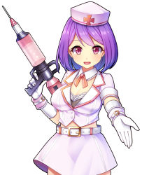 Rule 34 | 1girl, :d, belt, bra, breasts, cleavage, edamame senpai, frilled bra, frills, g123, gloves, gun, hat, highres, holding, holding gun, holding weapon, large breasts, looking at viewer, lumiere (vivid army), medium breasts, nurse cap, official art, open mouth, orange ribbon, outstretched hand, pink eyes, pink skirt, purple hair, ribbon, short hair, skirt, smile, solo, standing, syringe, underwear, vivid army, weapon, white background, white gloves