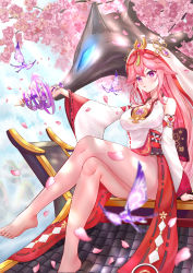 Rule 34 | 1girl, absurdres, animal ears, architecture, ass, benzi li, blue sky, breasts, cherry blossoms, cleavage, cloud, cloudy sky, collarbone, commentary request, crossed legs, detached sleeves, east asian architecture, falling petals, fox ears, fox girl, genshin impact, hair between eyes, highres, holding, holding weapon, hood, japanese clothes, long hair, looking at viewer, nontraditional miko, parted lips, petals, pink hair, purple eyes, ribbon-trimmed sleeves, ribbon trim, rooftop, sidelocks, sitting, sky, smile, solo, sunlight, tree, weapon, wide sleeves, yae miko