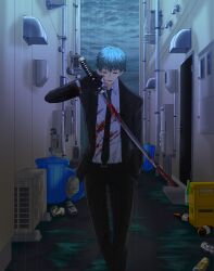 Rule 34 | 1boy, black gloves, black necktie, black pants, black suit, blood, blood on clothes, bloody weapon, blue hair, bottle, can, closed eyes, collared shirt, drink can, fate/grand order, fate (series), formal, gloves, hand in pocket, highres, holding, holding sword, holding weapon, long sleeves, male focus, na na na, necktie, outdoors, pants, saitou hajime (fate), shirt, short hair, soda can, solo, suit, sword, trash bag, trash can, weapon, wet, wet hair, white shirt