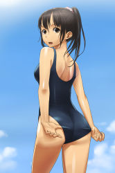 Rule 34 | 1girl, adjusting clothes, adjusting swimsuit, ass, black eyes, black hair, face, highres, long hair, looking back, one-piece swimsuit, onigiri jou, open mouth, original, ponytail, school swimsuit, solo, swimsuit, wet
