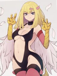 Rule 34 | 1girl, bare shoulders, bird legs, blonde hair, blue eyes, breasts, cameltoe, claws, cleavage, cleft of venus, commentary request, duel monster, feathered wings, feathers, hair between eyes, hair ornament, harpie girl (yu-gi-oh!), harpy, heart, heart hair ornament, highres, long hair, medium breasts, monster girl, navel, pink feathers, pink thighhighs, smile, solo, thighhighs, underboob, winged arms, wings, yonaga san, yu-gi-oh!