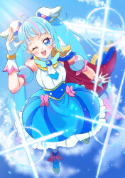 Rule 34 | 1girl, ;d, absurdres, blue cape, blue dress, blue eyes, blue footwear, blue hair, blue sky, boots, bow, brooch, cape, cloud, cloudy sky, commentary, cure sky, cut bangs, day, detached sleeves, diffraction spikes, dress, dress bow, earrings, fingerless gloves, frilled dress, frills, fringe trim, fujisaki star, gloves, highres, hirogaru sky! precure, jewelry, long hair, looking at viewer, magical girl, medium dress, multicolored hair, one eye closed, open mouth, outdoors, pink hair, precure, puffy detached sleeves, puffy sleeves, red cape, single earring, single sidelock, sky, sleeveless, sleeveless dress, smile, solo, sora harewataru, sparkle, standing, streaked hair, twintails, two-tone dress, very long hair, waving, white dress, white gloves, wing brooch, wing hair ornament