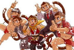 Rule 34 | 5boys, abs, animal ears, bead bracelet, beads, black legwear, blush, bracelet, brown eyes, brown hair, bulge, chinese clothes, circlet, collared shirt, cosplay, double v, dragon ball (object), dress shoes, ei (marutendon), facial mark, flower ornament, formal, fundoshi, furry, furry male, gakuran, goggles, goggles on head, hand on another&#039;s shoulder, hanuman (housamo), jacket, japanese clothes, jewelry, jumping, kuji-in, long sideburns, male focus, male swimwear, monkey boy, monkey ears, monkey tail, multiple boys, multiple persona, muscular, muscular male, necklace, necktie, nipples, open mouth, pants, pectorals, petals, red fundoshi, red jacket, red male swimwear, red necktie, school uniform, shirt, sideburns, smile, socks, striped clothes, striped pants, striped vest, suit, sun wukong, sun wukong (cosplay), swim briefs, tail, teeth, tokyo houkago summoners, track jacket, v, vest, white background