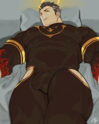Rule 34 | 1boy, arms at sides, bara, black bodysuit, black hair, bodysuit, bulge, covered abs, covered navel, erect nipples, erection, erection under clothes, facial hair, feet out of frame, from below, gomtang, halo, hip vent, impossible clothes, large pectorals, looking at viewer, lying, male focus, mature male, muscular, muscular male, on back, on bed, short hair, sideburns, solo, stubble, thick thighs, thighs, tokyo houkago summoners, zabaniya (tokyo houkago summoners)