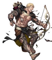 Rule 34 | 1boy, abs, bangle, bara, bare pectorals, belt, bike shorts, black capelet, blonde hair, bodystocking, bow (weapon), bracelet, bruise, capelet, collarbone, cuts, dai-xt, dirty, dirty clothes, dirty face, fire emblem, fire emblem: three houses, fire emblem heroes, full body, gem, highres, holding, holding bow (weapon), holding weapon, hood, hood down, hooded capelet, injury, jewelry, male focus, matching hair/eyes, muscular, muscular male, navel, nintendo, no nipples, official art, open mouth, pectorals, pelvic curtain, pouch, raphael kirsten, red gemstone, rope, sandals, short hair, simple background, solo, standing, stomach, sweat, teeth, thighs, tongue, torn clothes, transparent background, weapon, yellow eyes, yellow footwear