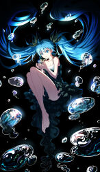 Rule 34 | 1girl, absurdres, black bow, black dress, blue eyes, blue hair, bow, breasts, cleavage, cupping hands, dress, frilled dress, frills, hair between eyes, hair bow, hatsune miku, highres, itogari, long hair, medium breasts, off shoulder, open mouth, own hands together, shinkai shoujo (vocaloid), sleeveless, sleeveless dress, twintails, vocaloid