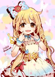 Rule 34 | 1girl, blonde hair, bow, braid, brown eyes, commentary request, dated, dress, flat chest, frilled dress, frills, futaba anzu, hair bow, idolmaster, idolmaster cinderella girls, korean commentary, low twin braids, open mouth, polka dot, polka dot bow, smile, solo, tianel ent, twin braids, twitter username, wrist cuffs