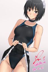Rule 34 | 1girl, amagami, bare shoulders, black hair, blush, breasts, choker, clothes lift, collarbone, competition swimsuit, dated, frilled choker, frilled skirt, frills, highleg, highres, lifting own clothes, maid headdress, medium breasts, nanasaki ai, one-piece swimsuit, short hair, signature, skirt, skirt lift, solo, standing, swimsuit, swimsuit under clothes, yoo tenchi