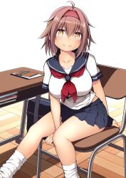 Rule 34 | 1girl, absurdres, bag, black sailor collar, black skirt, blush, book, breasts, brown hair, chair, closed mouth, collarbone, desk, feet out of frame, floor, hair between eyes, hairband, highres, kantai collection, kuromayu, large breasts, looking at viewer, neckerchief, pleated skirt, red hairband, red neckerchief, sailor collar, school bag, school chair, school desk, school uniform, serafuku, shiratsuyu (kancolle), short hair, short sleeves, sitting, skirt, smile, socks, solo, textless version, white socks, yellow eyes