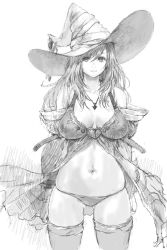 Rule 34 | 1girl, bad id, bad pixiv id, bare shoulders, breasts, greyscale, hat, heart, iwauchi tomoki, large breasts, long hair, looking at viewer, monochrome, navel, sketch, smile, solo, standing, thighhighs
