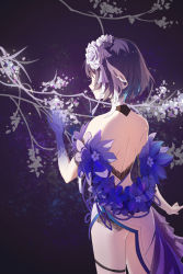Rule 34 | 1girl, absurdres, backless dress, backless outfit, bare shoulders, blue background, blue gloves, blue hair, bob cut, china dress, chinese clothes, chinese new year, dress, flower, gloves, hair flower, hair ornament, highres, honkai (series), honkai impact 3rd, medium hair, off-shoulder dress, off shoulder, rafaelaaa, seele vollerei, seele vollerei (stygian nymph), solo, white dress, white flower