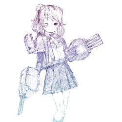 Rule 34 | 10s, 1girl, arm warmers, double bun, eyelashes, gradient filter, gurin33, kantai collection, long hair, looking at viewer, michishio (kancolle), monochrome, one eye closed, simple background, sketch, skirt, smile, solo, suspenders, torpedo tubes, turret, white background