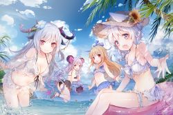 Rule 34 | &gt; &lt;, 4girls, :d, ahoge, amafuyu, animal ear fluff, animal ears, bare arms, bare shoulders, bikini, black bikini, blue bikini, blue eyes, blue flower, blue sky, breasts, cleavage, closed eyes, closed mouth, clothing cutout, cloud, cloudy sky, collarbone, commentary request, curled horns, day, demon girl, demon horns, demon tail, ears through headwear, fang, feet out of frame, flower, frilled bikini, frills, front-tie bikini top, front-tie top, hair between eyes, hair flower, hair ornament, halterneck, hat, hat flower, horizon, horns, innertube, leaning forward, light brown hair, long sleeves, medium breasts, multiple girls, navel, ocean, open mouth, original, outdoors, red eyes, sandals, see-through, shoe soles, shoulder cutout, silver hair, sky, smile, splashing, straw hat, sunflower, swim ring, swimsuit, tail, water, white bikini, yellow flower