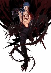 Rule 34 | 1boy, abs, black gloves, black pants, blood, blood in hair, blood on face, blue hair, bodypaint, claws, cliff (42961931), collarbone, cu chulainn (fate), cu chulainn (fate) (all), cu chulainn (fate/stay night), cu chulainn alter (fate), cu chulainn alter (fate/grand order), dark persona, unworn earring, elbow gloves, facepaint, fang, fate/grand order, fate (series), full body, gae bolg (fate), gloves, highres, injury, knee up, lancer, long hair, looking at viewer, male focus, monster boy, muscular, muscular male, navel, one eye closed, pants, red eyes, sharp teeth, simple background, skin tight, smile, solo, spiked hair, spikes, tail, teeth, topless male, white background