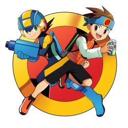 Rule 34 | 2boys, :d, android, arm cannon, backpack, bag, blue gloves, blue headband, blue headwear, brown eyes, brown hair, can, clenched hand, closed mouth, commentary request, full body, gloves, green eyes, happy, headband, helmet, highres, holding, holding can, lan hikari (mega man), long sleeves, looking at viewer, male focus, mega buster, mega man (series), mega man battle network (series), megaman.exe, multiple boys, open mouth, orange footwear, orange vest, poshino pikari, shirt, shoes, short hair, shorts, smile, spiked hair, teeth, transparent background, upper teeth only, vest, weapon, white shirt
