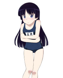 Rule 34 | absurdres, black hair, blue eyes, blush, crossed arms, embarrassed, gokou ruri, highres, hime cut, long hair, looking at viewer, mole, mole under eye, ore no imouto ga konna ni kawaii wake ga nai, school swimsuit, scowl, simple background, swimsuit, thighs, user eygh5427, white background