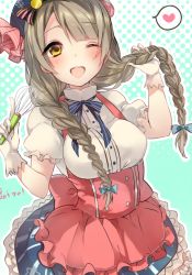 Rule 34 | 10s, 1girl, ;d, alternate hairstyle, blush, bow, braid, breasts, brown hair, gloves, green background, hair bow, hair ornament, hair over shoulder, hat, heart, holding, holding own hair, long hair, love live!, love live! school idol festival, love live! school idol project, minami kotori, miseo (mrkglove), one eye closed, open mouth, puffy short sleeves, puffy sleeves, ribbon, short sleeves, smile, solo, twin braids, twintails, whisk, white gloves, yellow eyes