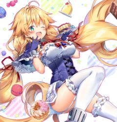 Rule 34 | 1girl, ;d, ahoge, ass, azur lane, blonde hair, blouse, blue gloves, blush, braid, breasts, candy, capelet, corset, doughnut, food, garter straps, gloves, green eyes, holding, holding plate, large breasts, le temeraire (azur lane), leg up, long hair, looking at viewer, macaron, one eye closed, open mouth, plate, pudding, red ribbon, ribbon, riichu, shirt, sidelocks, skirt, smile, solo, star (symbol), thighhighs, twin braids, twintails, underbust, very long hair, white thighhighs